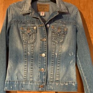 True Religion Light Wash Slight Distressed Fitted Rodeo Cowgirl Denim Jacket szM